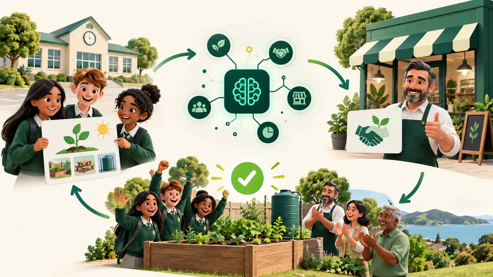 Illustration of SchoolFuel AI matching a school need with a local business to create visibility and fund a student project
